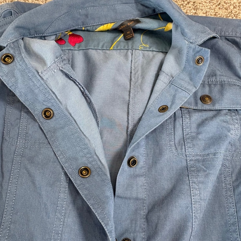Amber Sun Jacket Women M Blue Tencel Cotton Floral Trim Snap Front Chore Utility - Picture 11 of 11